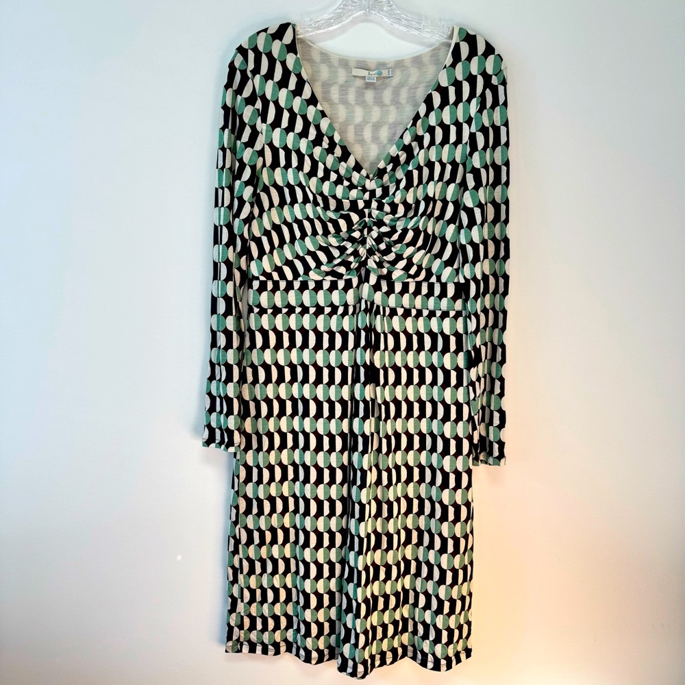 Boden Geometric‎ Circle Patterned Ruched Top V-Neck Jersey Knit Dress Size 12R